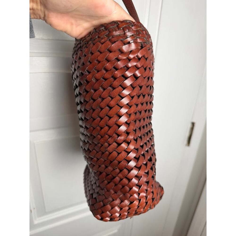 Vintage FOSSIL Brown Woven Leather Tote Handbag Basket Weave Shoulder Bag - Picture 2 of 13